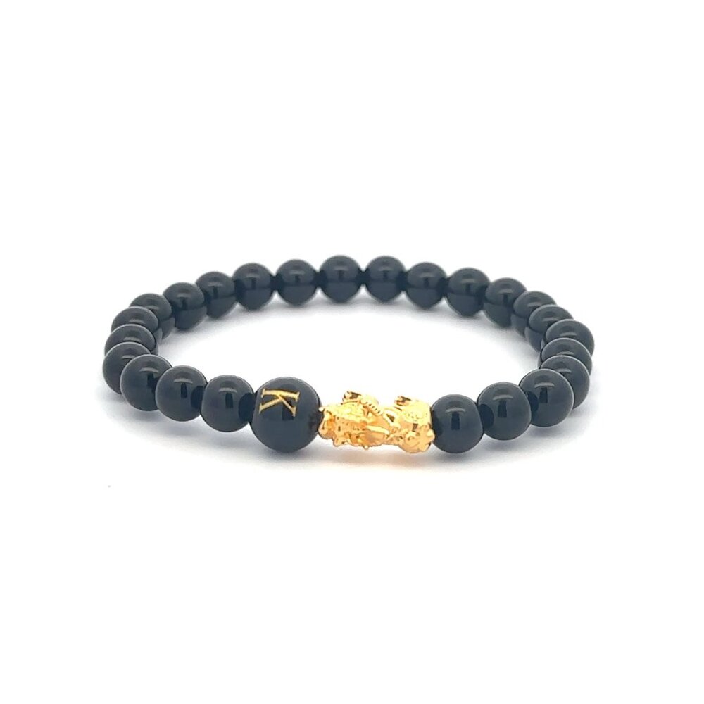 18K Gold Pixiu Piyao Bracelet Gemstone Onyx 6mm Elastic Bracelet Letter K
